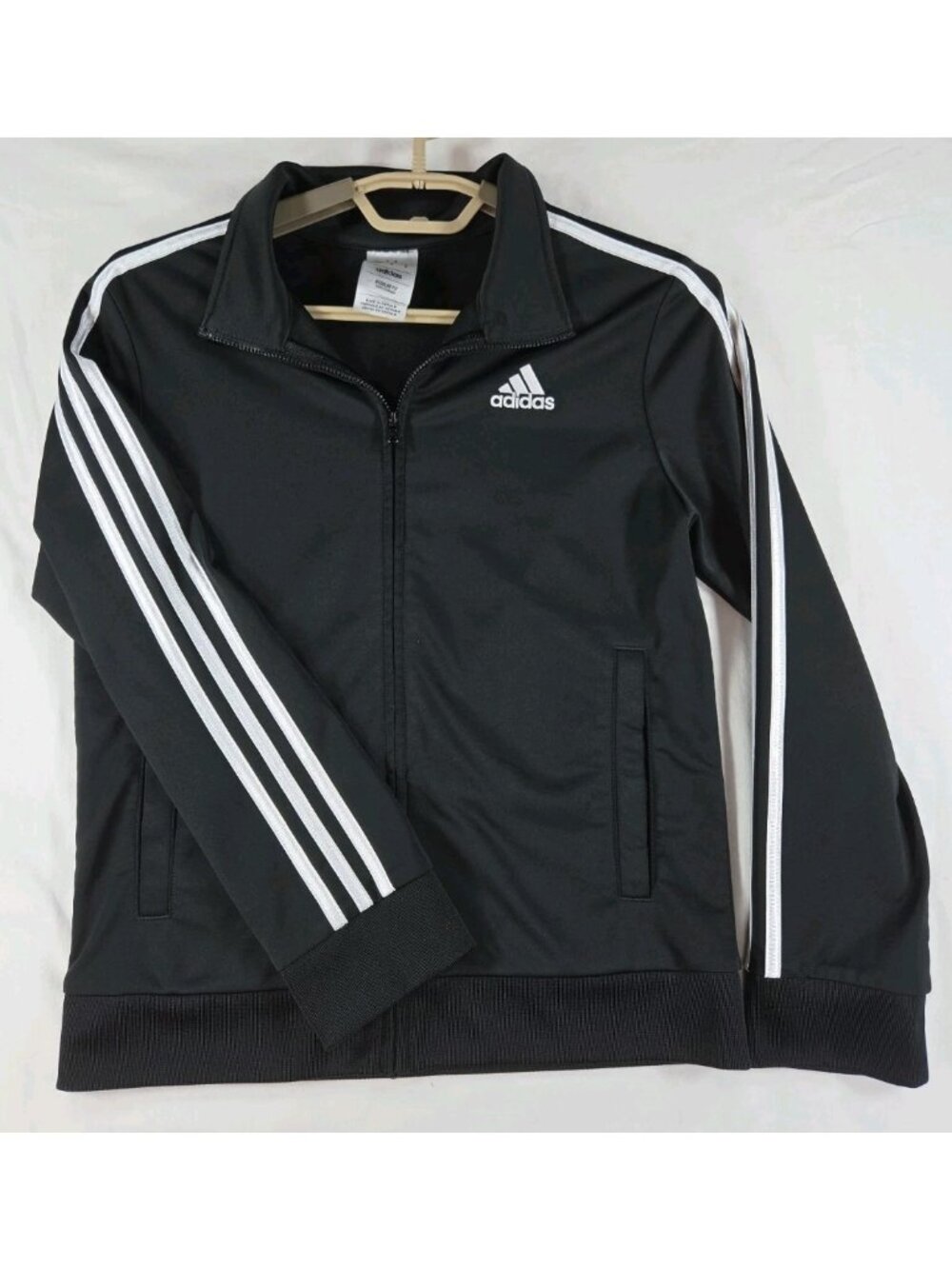 Adidas Track Jacket Youth M (10-12) Black White Essentials 3-Stripe Full Zip